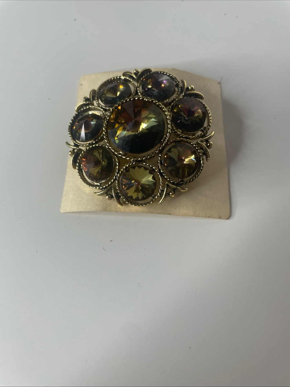 Vintage Gold Tone Rivoli Rhinestone Cluster Brooch Pin Mid Century Statement